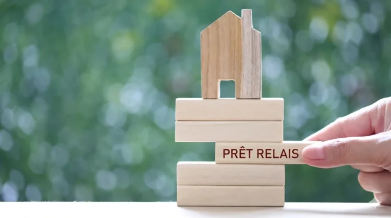 Une main retire un bloc de bois avec l'inscription "PRÊT RELAIS" d'une pile de blocs sur laquelle repose une maison en bois miniature, illustrant l'article sur les alternatives au prêt relais pour les projets immobiliers en 2026.