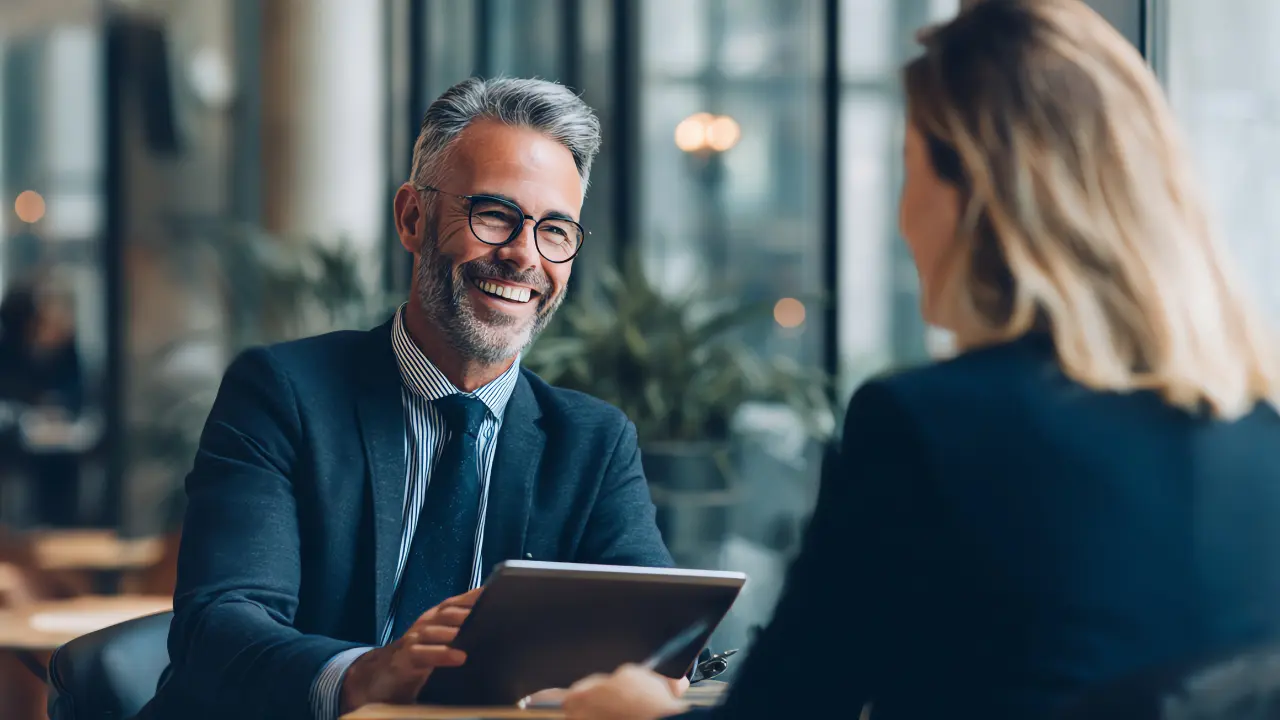 Conseiller bancaire présentant un prêt conventionné à une cliente, discussion des taux, conditions et financement immobilier en 2026.