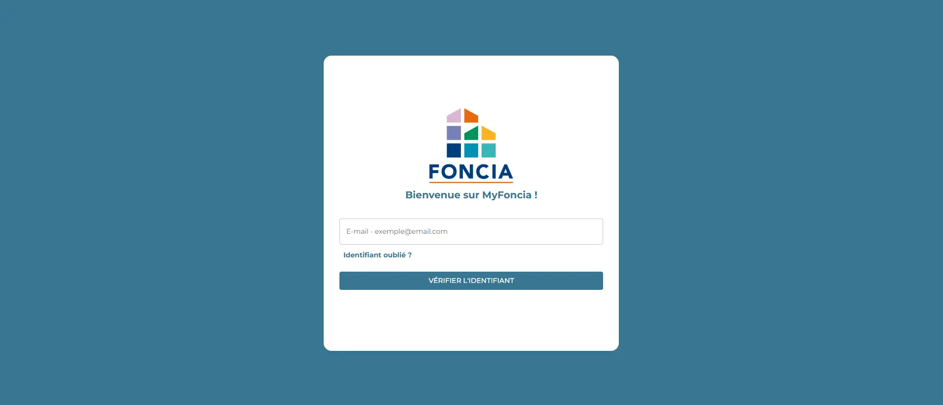 Page de connexion MyFoncia avec formulaire e-mail pour accéder au compte copropriété et services Foncia en 2026.